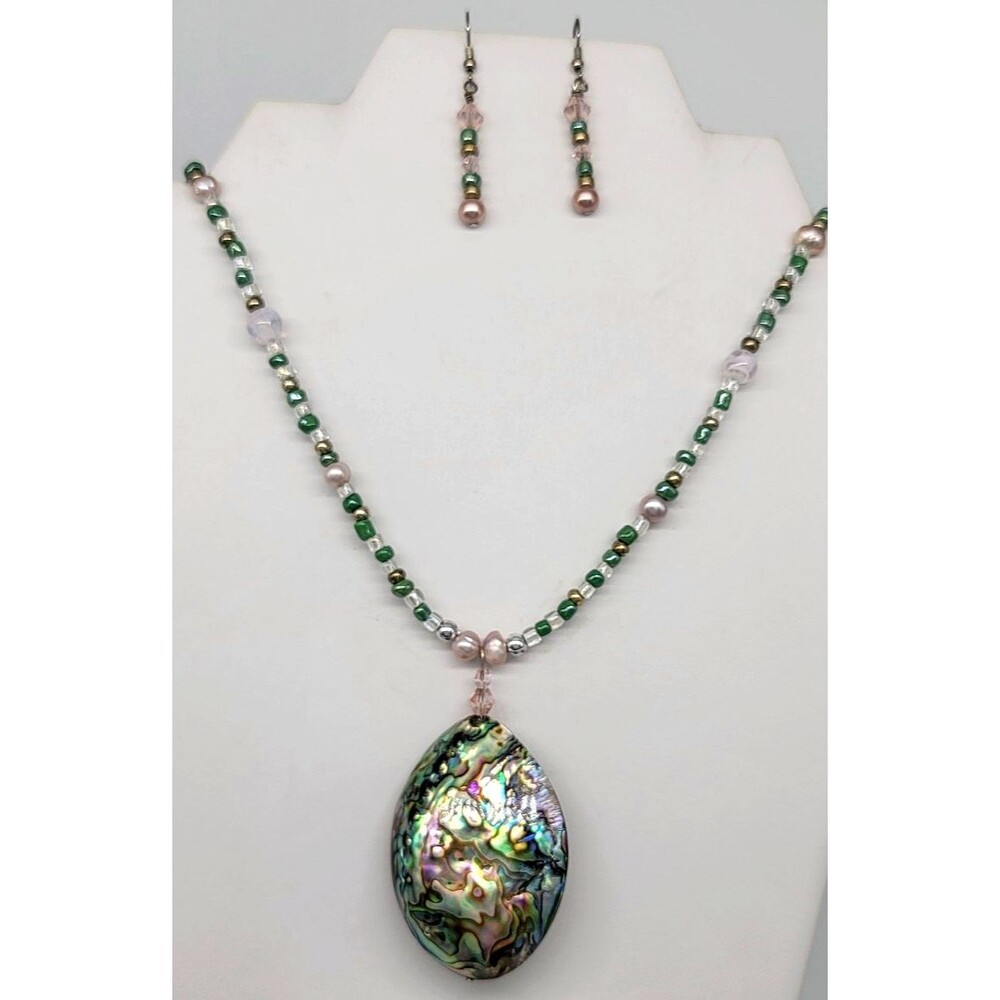 Abalone Shell Swarovski Crystal Beaded Strand Necklace Earrings Set Silver Tone
